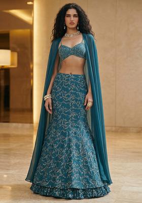 Teal Blue Embroidered Crepe Lehenga Set