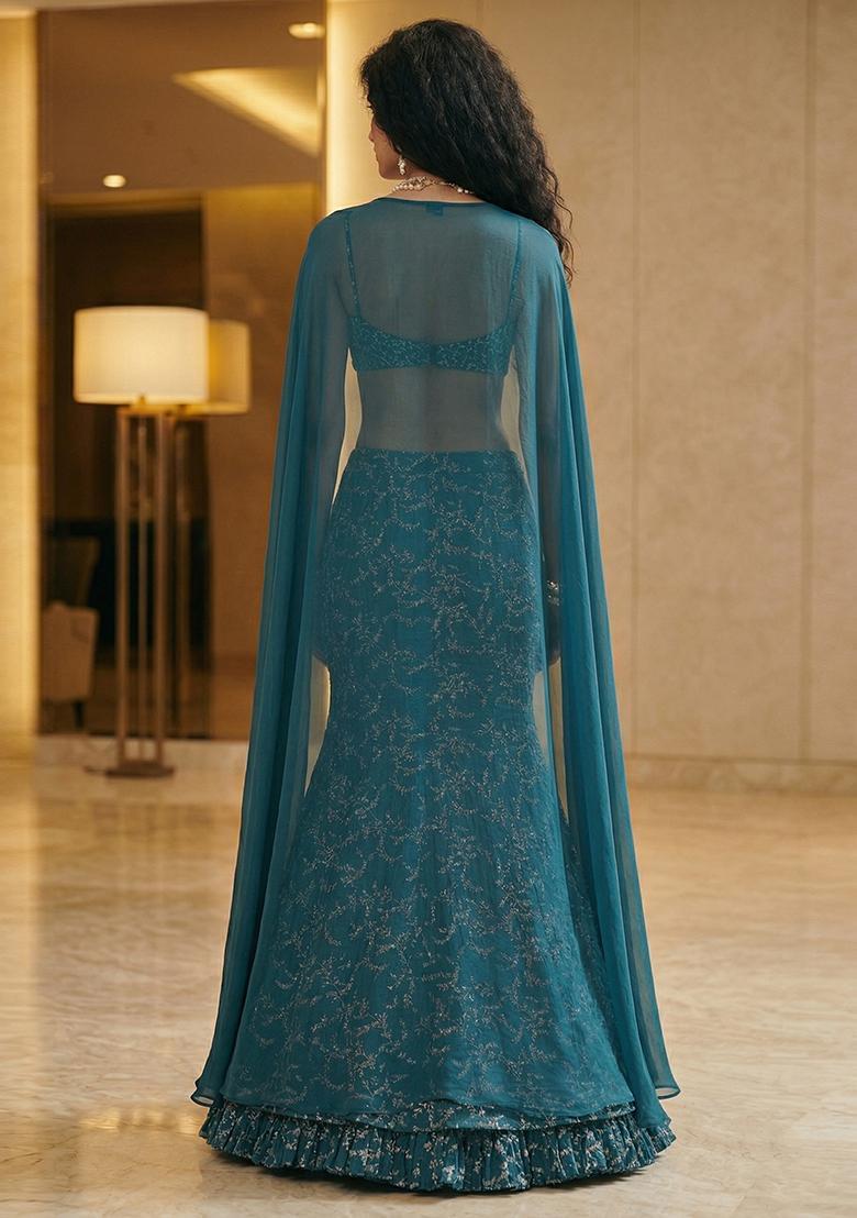 Teal Blue Embroidered Crepe Lehenga Set - Indya