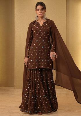 Chocolate Brown Embroidered Chanderi Sharara Set