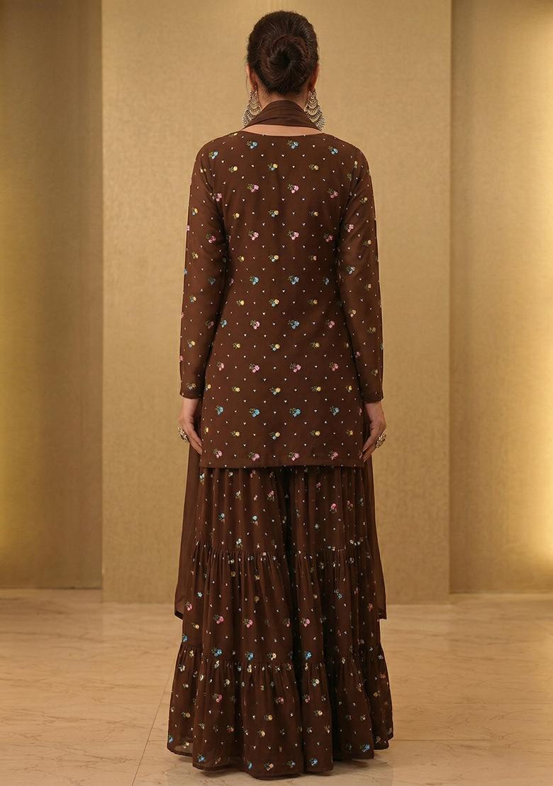 Chocolate Brown Embroidered Chanderi Sharara Set - Indya
