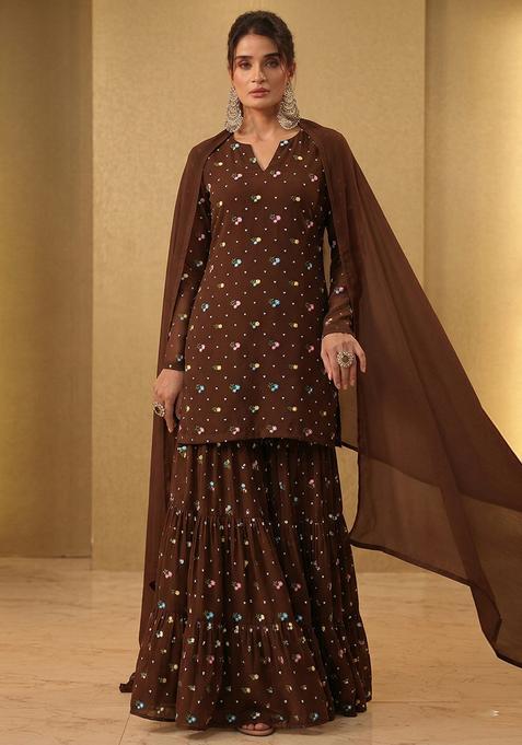 Chocolate Brown Embroidered Chanderi Sharara Set