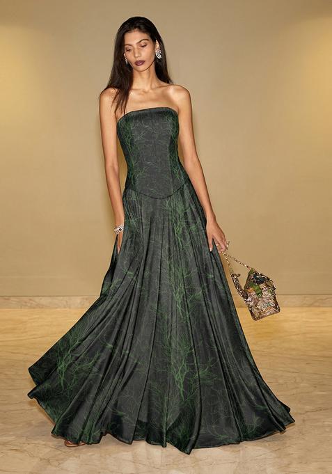 Charcoal Black Printed Silk Lehenga Set