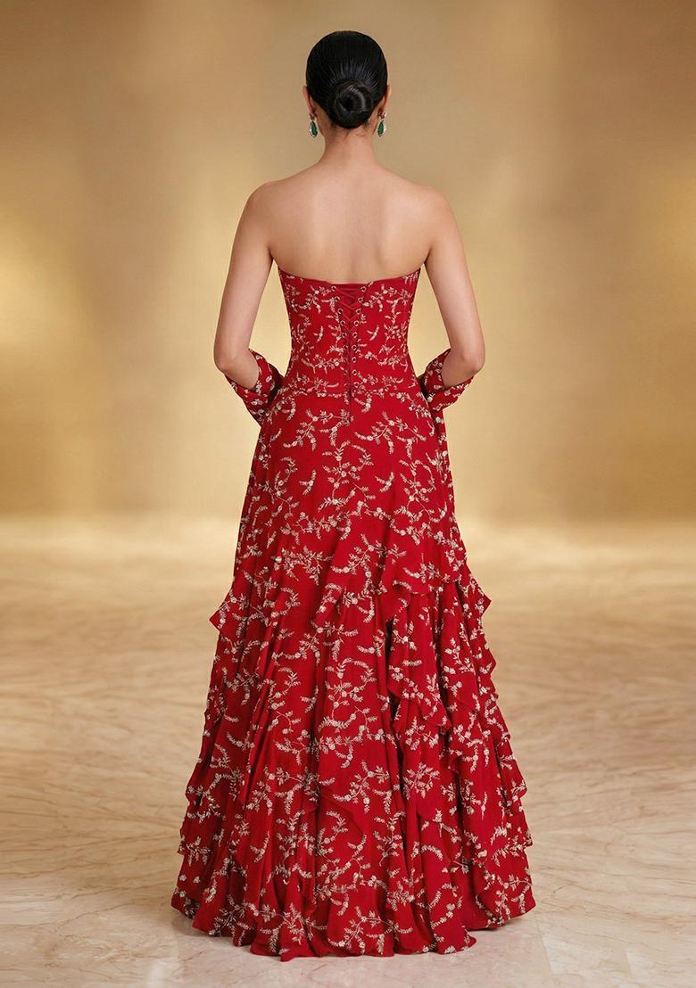 Ruby Red Embroidered Crepe Lehenga Set - Indya