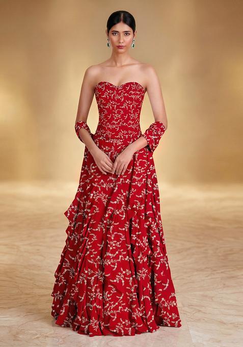 Ruby Red Embroidered Crepe Lehenga Set