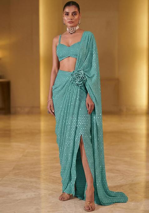Teal Mirror Georgette Pre Draped Saree Set