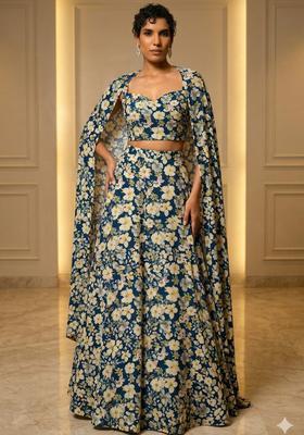 Teal Blue Printed Crepe Lehenga Set