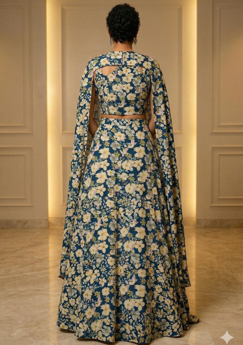 Teal Blue Printed Crepe Lehenga Set - Indya