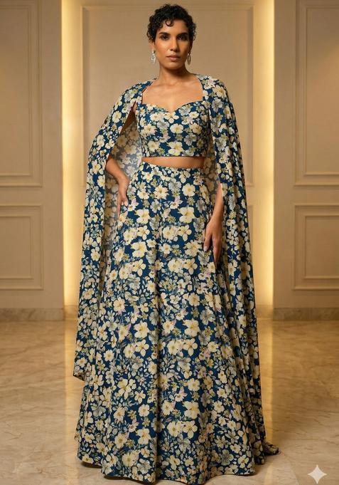 Teal Blue Printed Crepe Lehenga Set