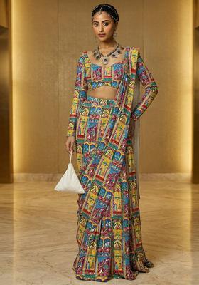 MultiColor Printed Crepe Pre Draped Saree Set