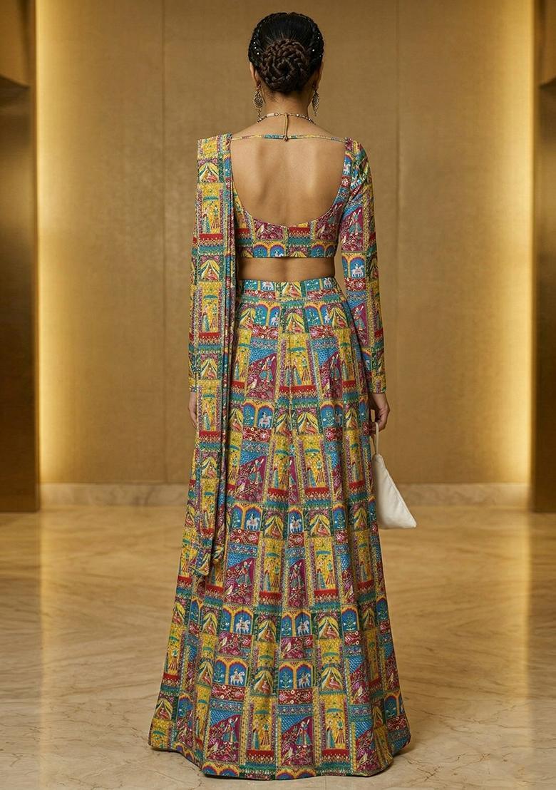MultiColor Printed Crepe Pre Draped Saree Set - Indya