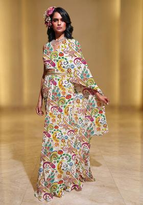 Off White Printed Crepe Pre Draped Saree Set