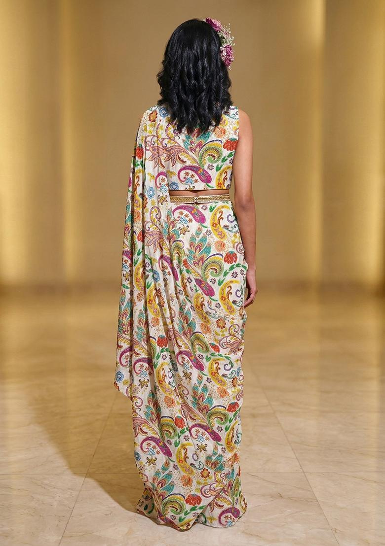 Off White Printed Crepe Pre Draped Saree Set - Indya