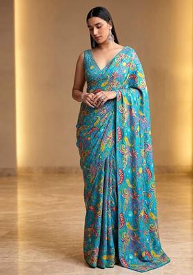 Teal Blue Printed Crepe Pre Draped Saree Set