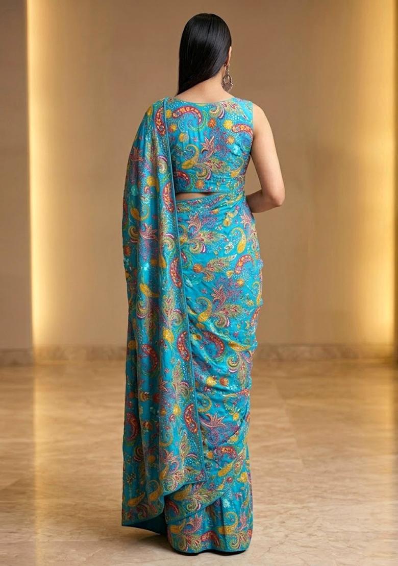 Teal Blue Printed Crepe Pre Draped Saree Set - Indya