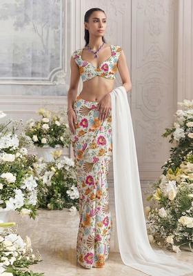Off White Printed Crepe Pre Draped Saree Set