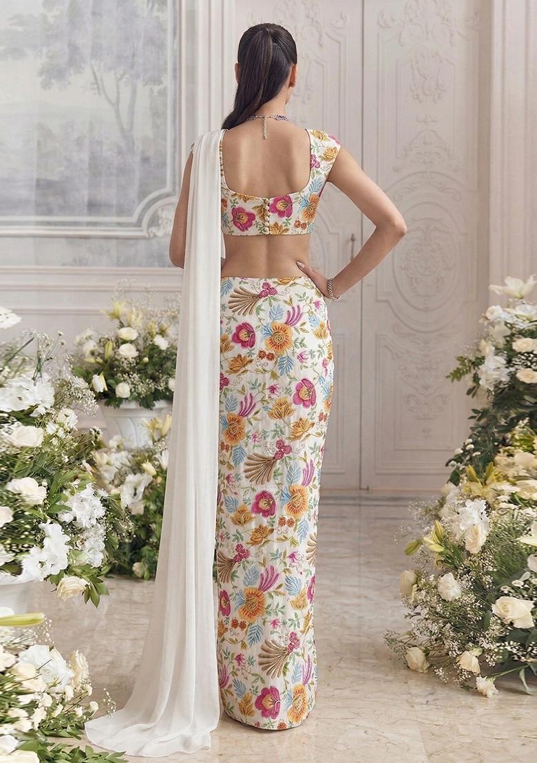 Off White Printed Crepe Pre Draped Saree Set - Indya