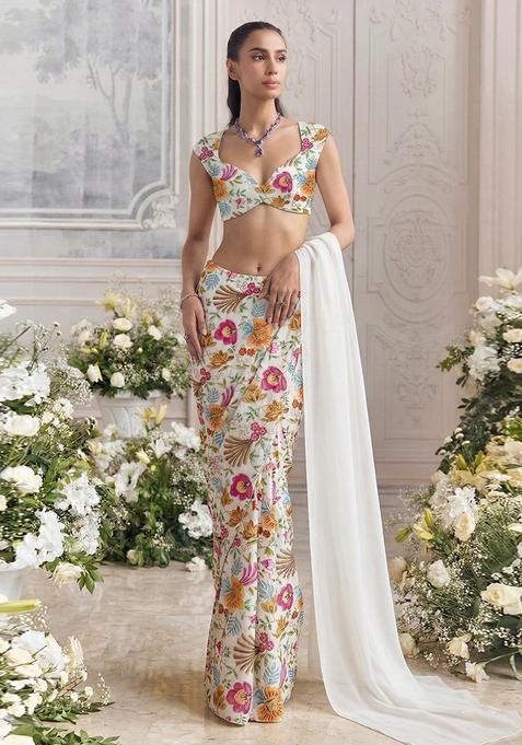 Off White Printed Crepe Pre Draped Saree Set