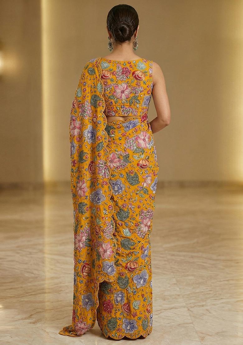 Mustard Printed Organza Pre Draped Saree Set - Indya
