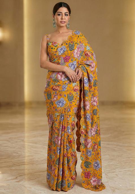 Mustard Printed Organza Pre Draped Saree Set