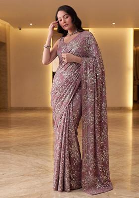 Dusty Rose Printed Organza Pre Draped Saree Set