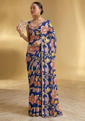 Royal Blue Embroidered Crepe Pre Draped Saree Set