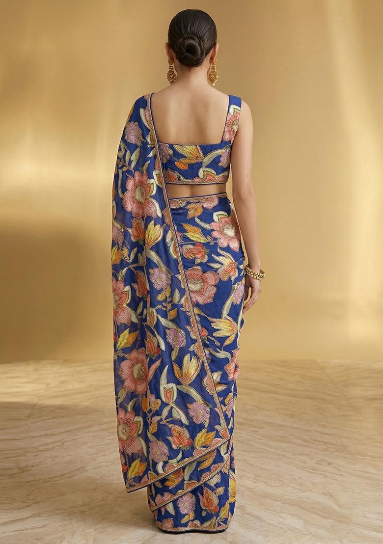 Royal Blue Embroidered Crepe Pre Draped Saree Set - Indya