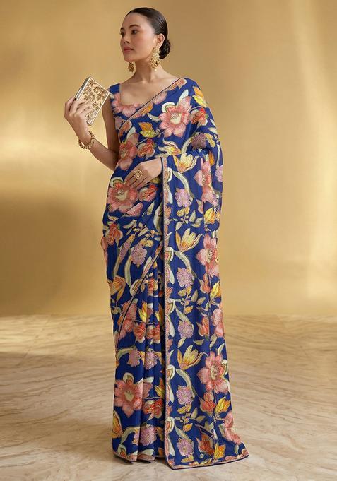 Royal Blue Embroidered Crepe Pre Draped Saree Set