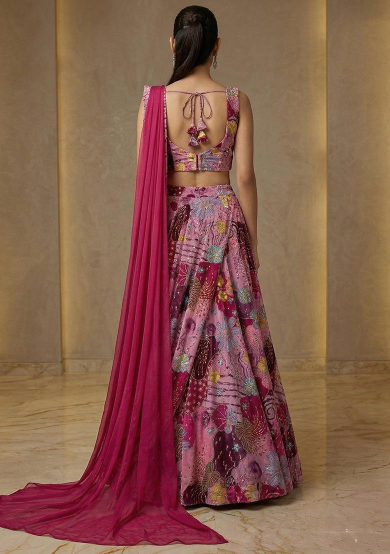 Magenta Embroidered Crepe Lehenga Set - Indya