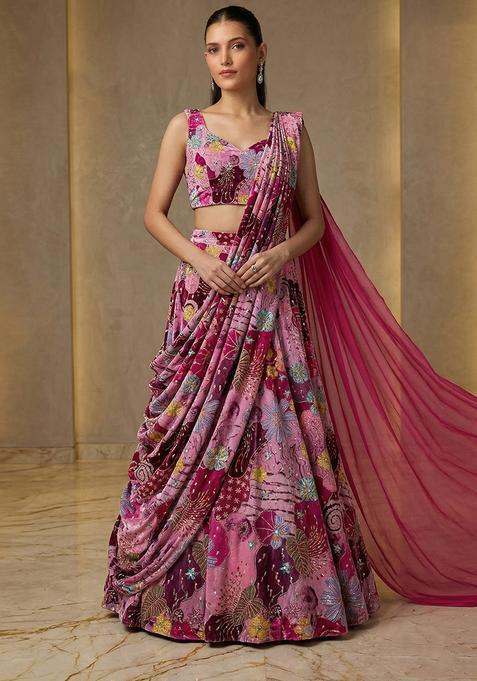 Magenta Embroidered Crepe Lehenga Set