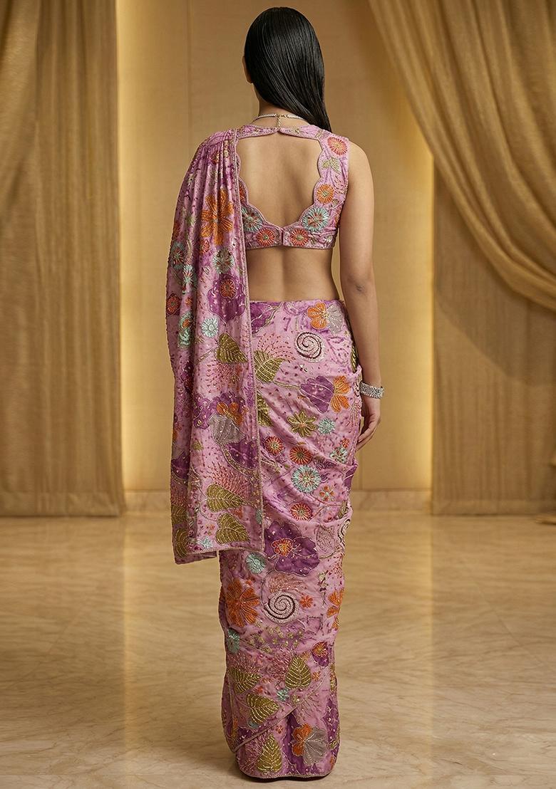 Lilac Embroidered Crepe Pre Draped Saree Set - Indya