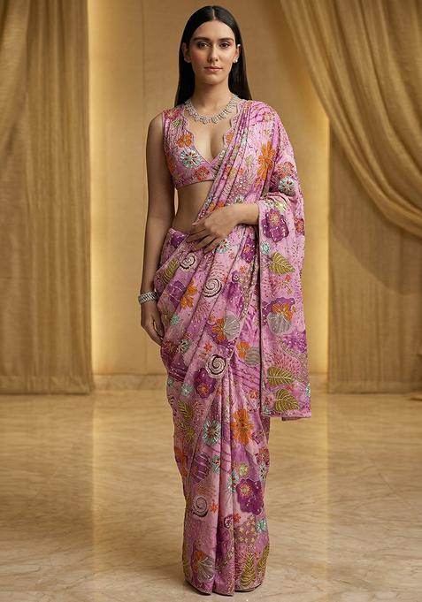 Lilac Embroidered Crepe Pre Draped Saree Set