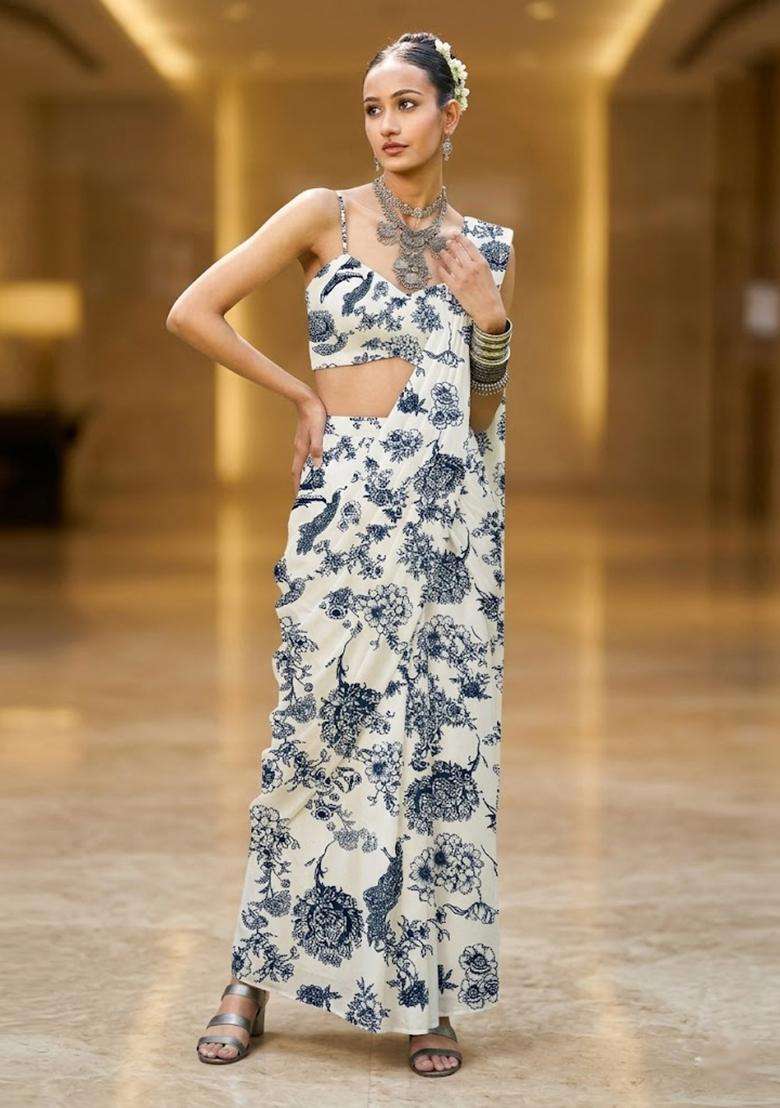 Off White Printed Satin Pre Draped Saree Set - Indya