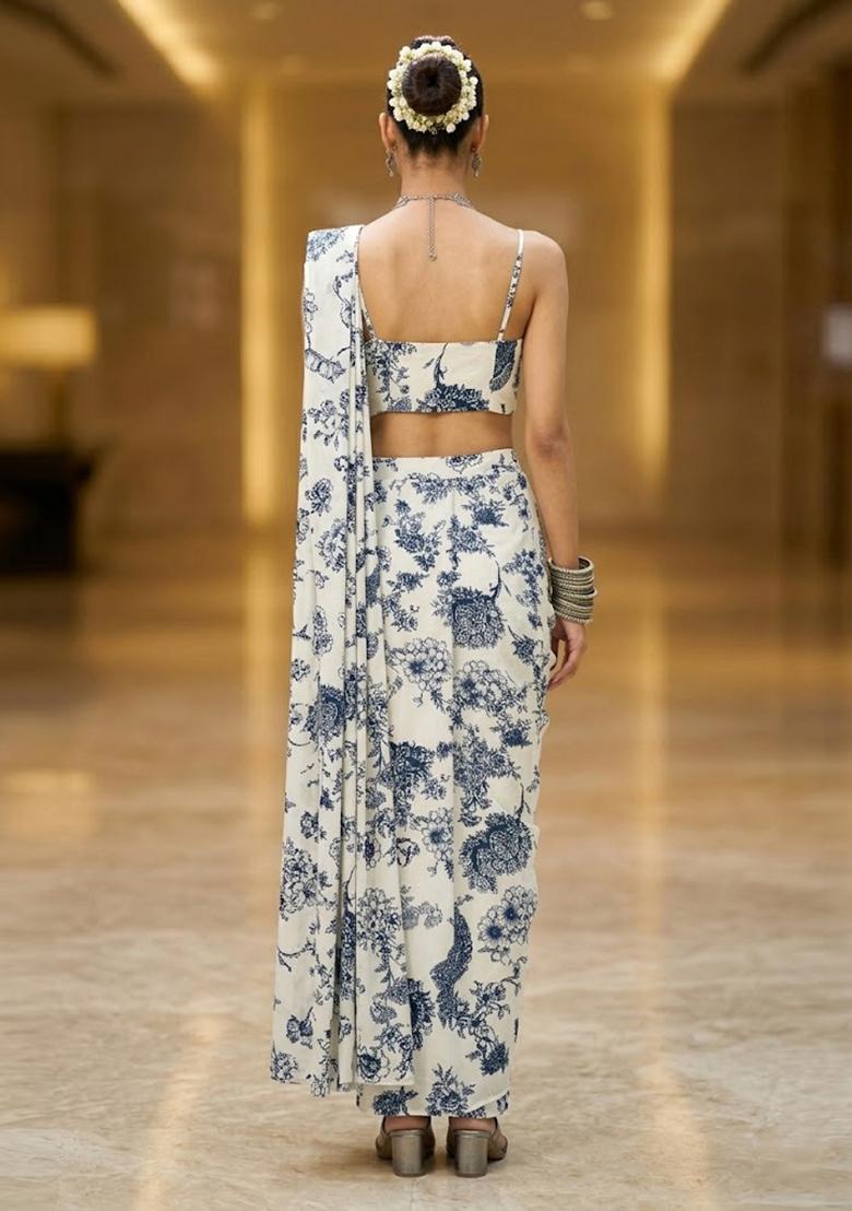 Off White Printed Satin Pre Draped Saree Set - Indya