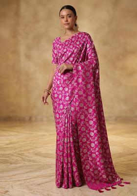 Rani Pink Printed Crepe Pre Draped Saree Set