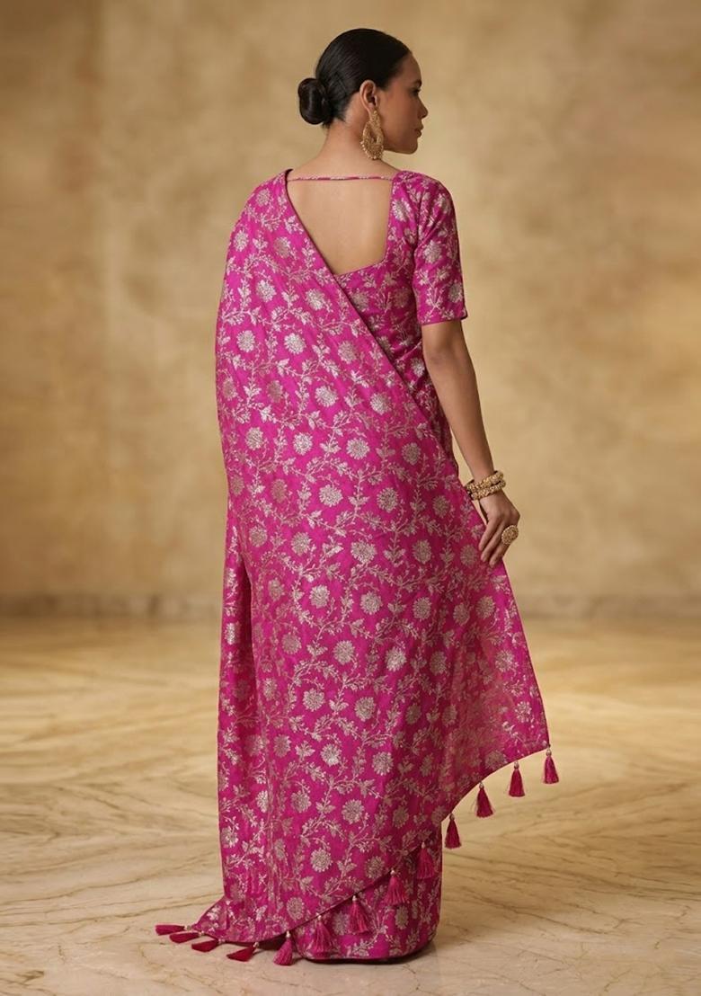 Rani Pink Printed Crepe Pre Draped Saree Set - Indya