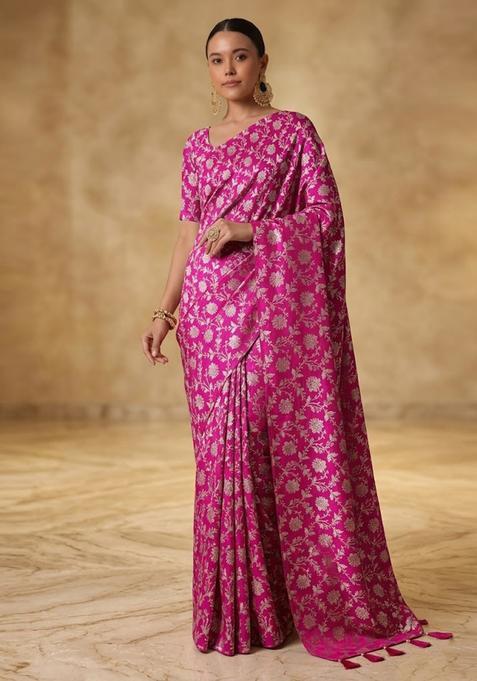 Rani Pink Printed Crepe Pre Draped Saree Set
