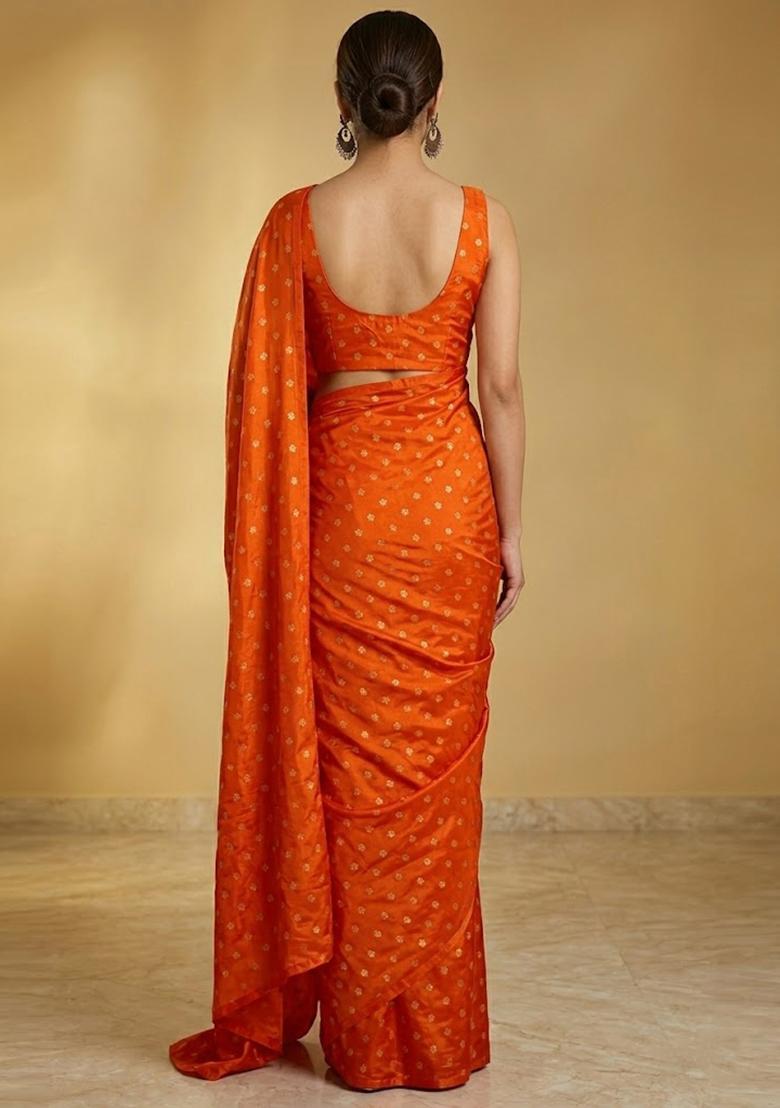 Bright Orange Embroidered Chinon Pre Draped Saree Set - Indya