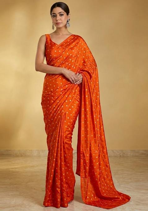 Bright Orange Embroidered Chinon Pre Draped Saree Set