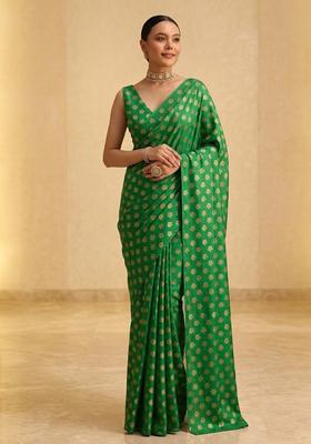 Emerald Green Printed Crepe Pre Draped Saree Set