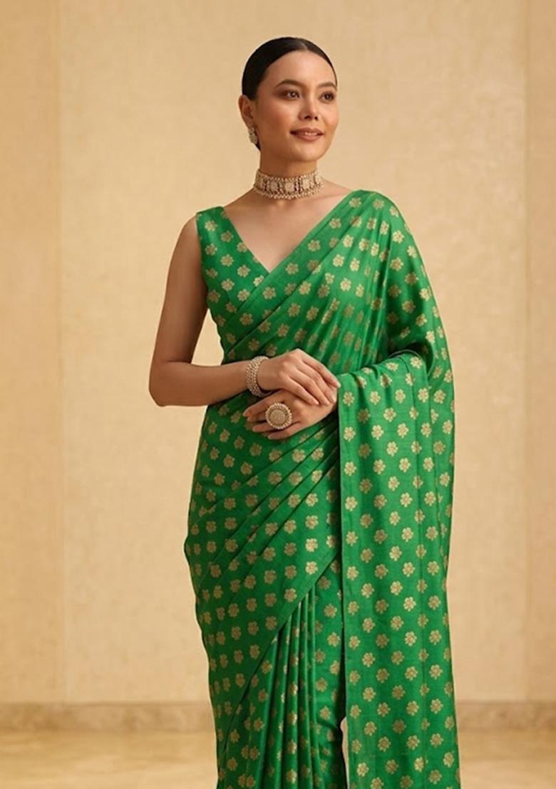 Emerald Green Printed Crepe Pre Draped Saree Set - Indya