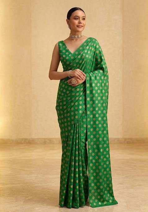 Emerald Green Printed Crepe Pre Draped Saree Set