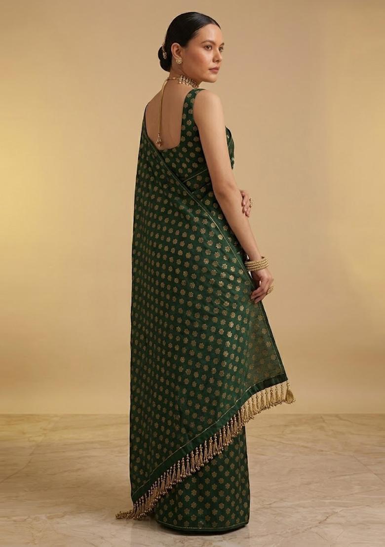 Bottle Green Printed Crepe Pre Draped Saree Set - Indya