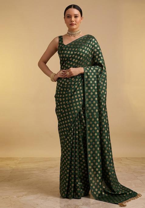 Bottle Green Printed Crepe Pre Draped Saree Set