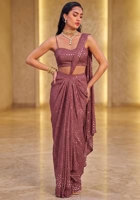 Dusty Rose Mirror Georgette Pre Draped Saree Set