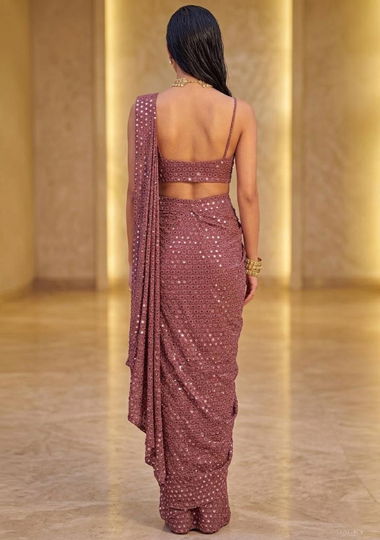 Dusty Rose Mirror Georgette Pre Draped Saree Set - Indya