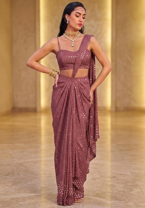 Dusty Rose Mirror Georgette Pre Draped Saree Set