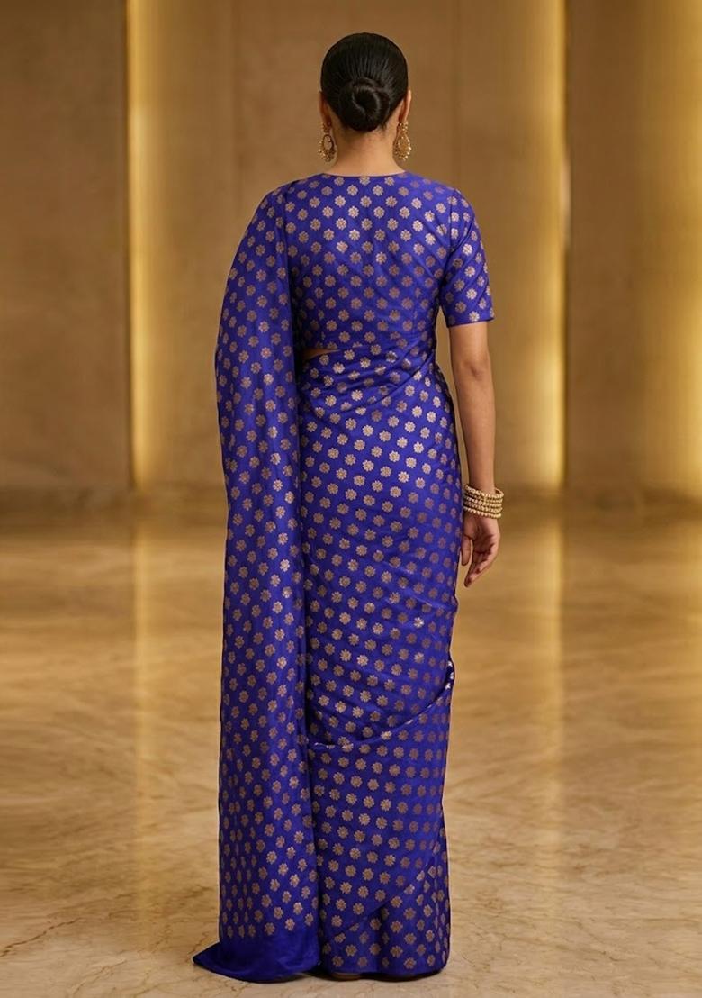 Royal Blue Printed Crepe Pre Draped Saree Set - Indya