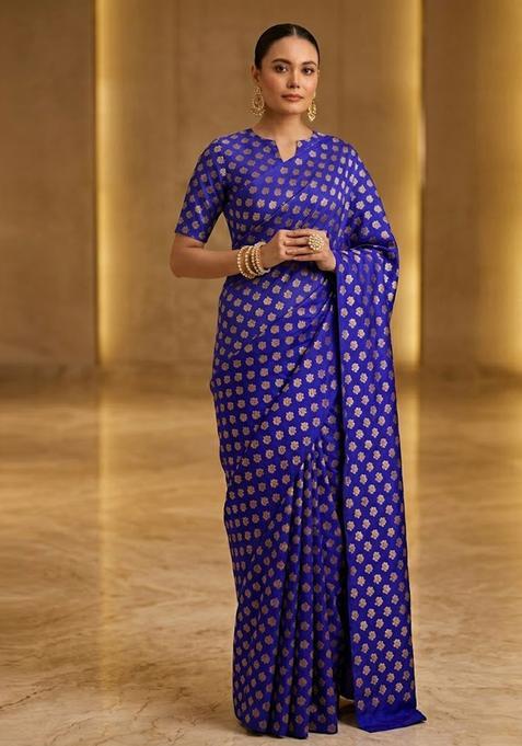 Royal Blue Printed Crepe Pre Draped Saree Set