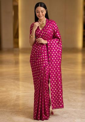 Pink Printed Crepe Pre Draped Saree Set