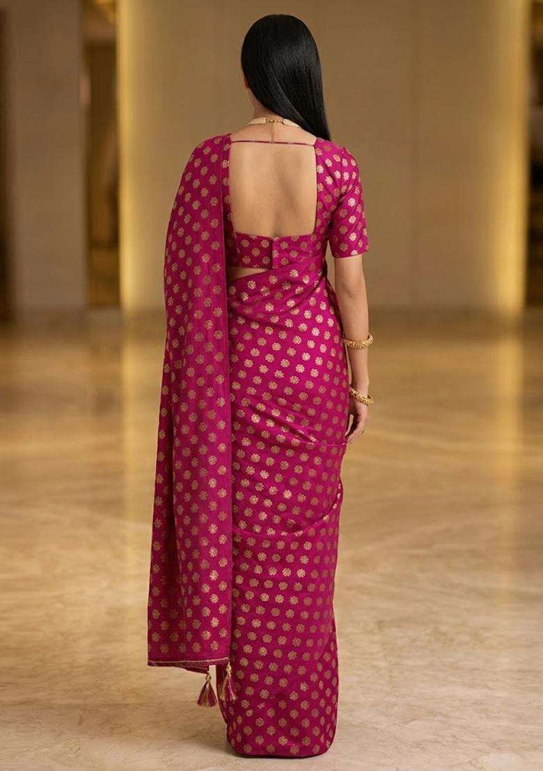 Pink Printed Crepe Pre Draped Saree Set - Indya